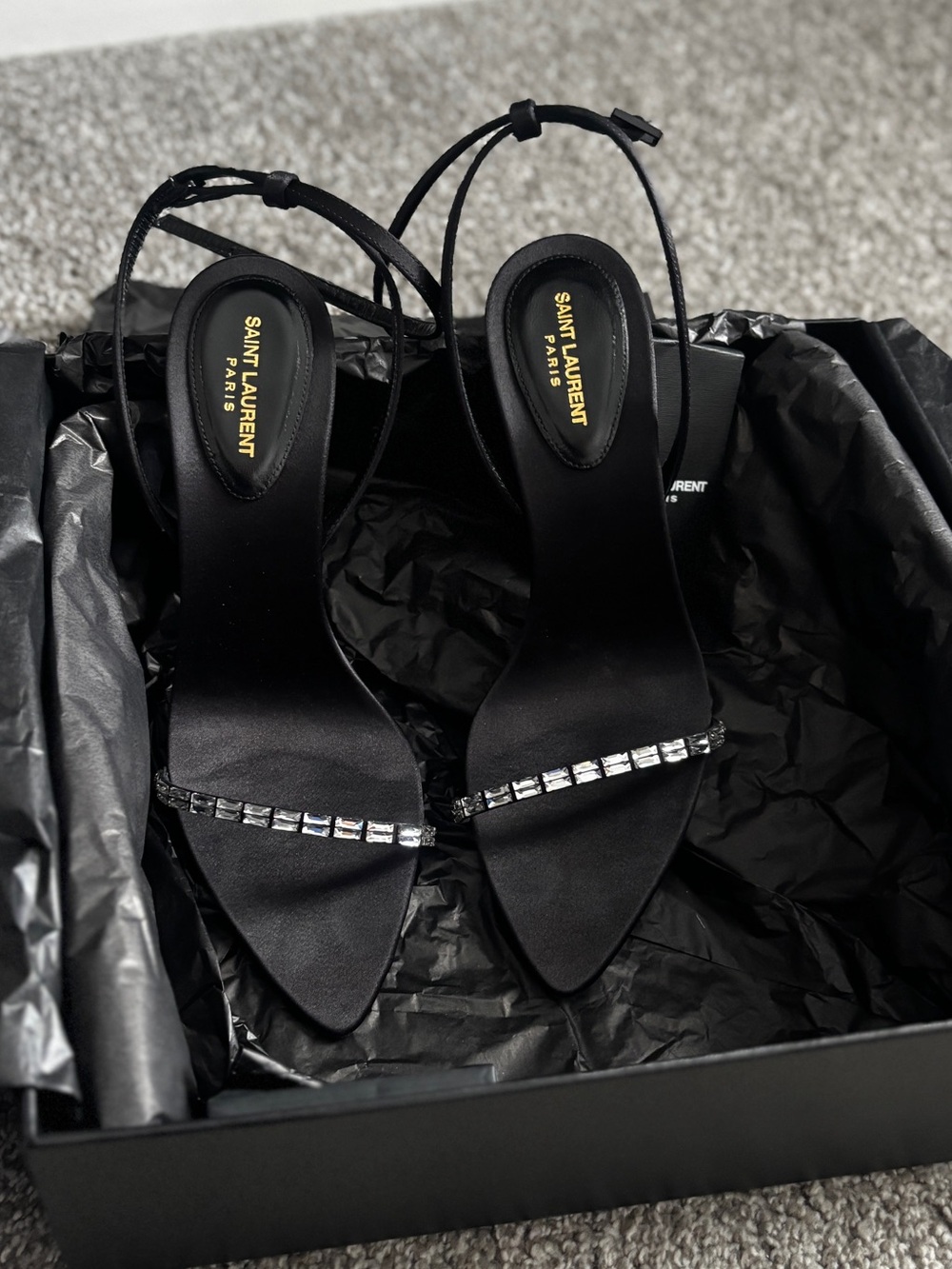 Yves Saint Laurent Black Satin Crystal-Strap Heels